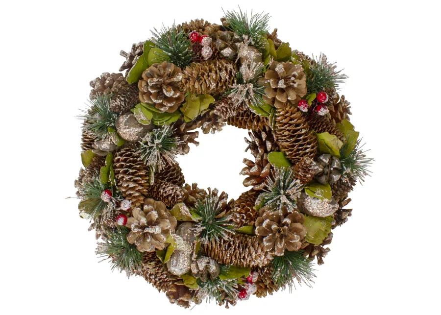 Green and Brown Frosted Pinecones and Bells Christmas Wreath - 13" Unlit