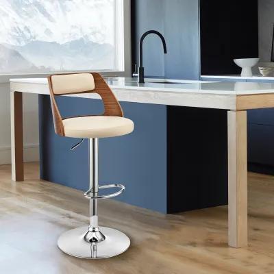 Itzan Adjustable Swivel Grey Faux Leather and Walnut Wood Stool with Chrome Base