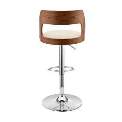 Itzan Adjustable Swivel Grey Faux Leather and Walnut Wood Stool with Chrome Base