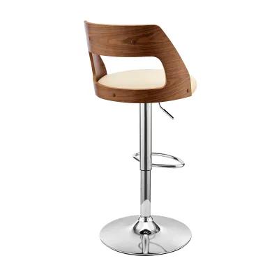 Itzan Adjustable Swivel Grey Faux Leather and Walnut Wood Stool with Chrome Base