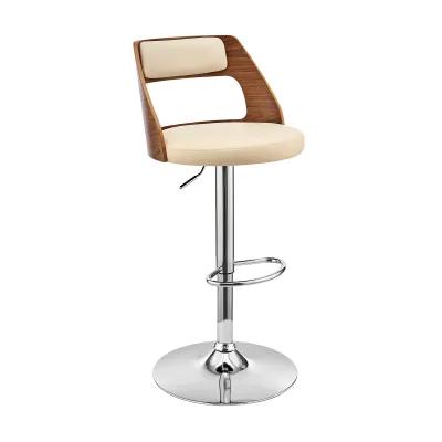 Itzan Adjustable Swivel Grey Faux Leather and Walnut Wood Stool with Chrome Base