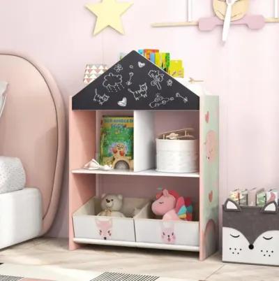 Hivvago Playhouse Kids Bookshelf with Chalkboard and Whiteboard for 3-6 Years