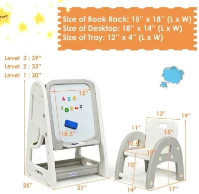 2-in-1 Kids Easel Desk Chair Set Book Rack Adjustable Art Painting Board