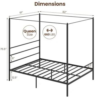 Queen Size Metal Canopy Bed Frame with Slat Support-Queen Size