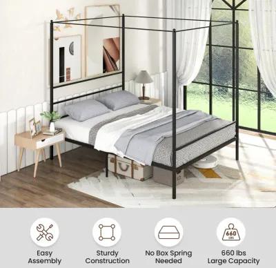 Queen Size Metal Canopy Bed Frame with Slat Support-Queen Size