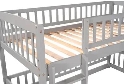 Bunk Bed with Slide, Twin Over Twin Low Bunk Bed with Fence and Ladder for Toddler Kids Teens White