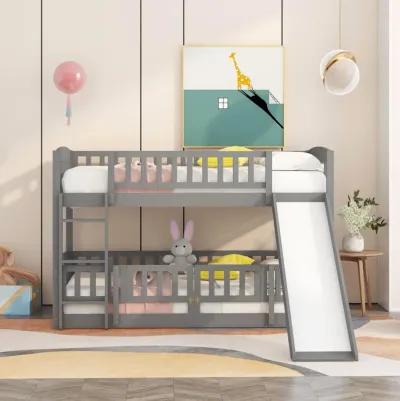 Bunk Bed with Slide, Twin Over Twin Low Bunk Bed with Fence and Ladder for Toddler Kids Teens White