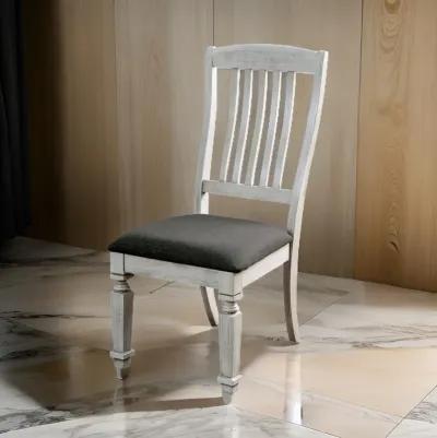 Wooden Side Chair with Fabric Upholstered Padded Seat, Pack of Two, Antique White and Gray-Benzara