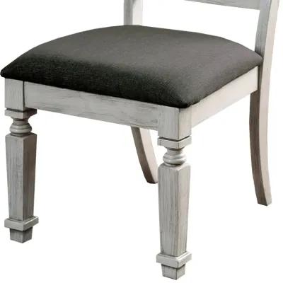 Wooden Side Chair with Fabric Upholstered Padded Seat, Pack of Two, Antique White and Gray-Benzara