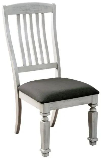 Wooden Side Chair with Fabric Upholstered Padded Seat, Pack of Two, Antique White and Gray-Benzara