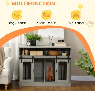 Gray Pet Furniture: Large Dog Crate with Shelves & Sliding Doors