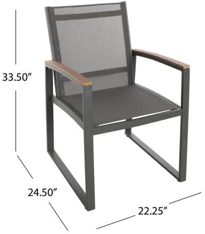 Outdoor Dining Chair Set of 2, Gray Mesh Seat and Brown Faux Wood, Metal