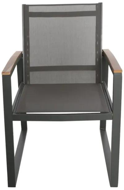 Outdoor Dining Chair Set of 2, Gray Mesh Seat and Brown Faux Wood, Metal