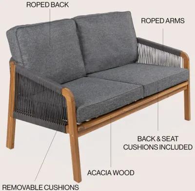 Arwen Modern Bohemian Roped Acacia Wood Outdoor Loveseat with Cushions