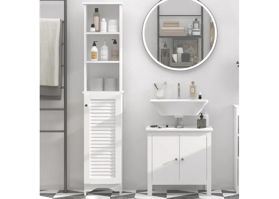 Wooden Collection Tall Bathroom Linen Tower with Adjustable Shelving & Cupboard