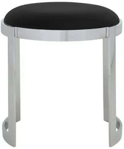 Niyo 19 Inch Accent Stool Ottoman Ottoman, Round Black Faux Leather, Silver - Benzara