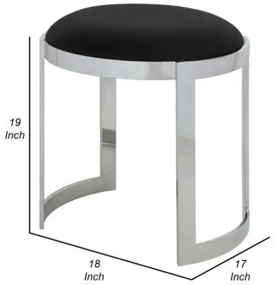 Niyo 19 Inch Accent Stool Ottoman Ottoman, Round Black Faux Leather, Silver - Benzara