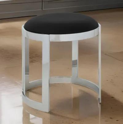 Niyo 19 Inch Accent Stool Ottoman Ottoman, Round Black Faux Leather, Silver - Benzara