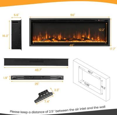 Electric Fireplace in-Wall Recessed with Remote Control and Adjustable Color and Brightness