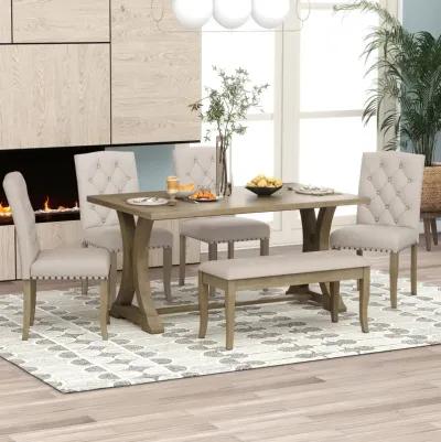 6-Piece Farmhouse Dining Table Set, Rectangular Trestle Table And 4 Upholstered Chairs & Bench