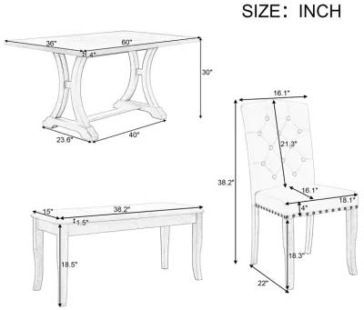 6-Piece Farmhouse Dining Table Set, Rectangular Trestle Table And 4 Upholstered Chairs & Bench