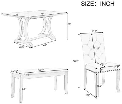 6-Piece Farmhouse Dining Table Set, Rectangular Trestle Table And 4 Upholstered Chairs & Bench