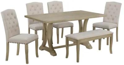 6-Piece Farmhouse Dining Table Set, Rectangular Trestle Table And 4 Upholstered Chairs & Bench