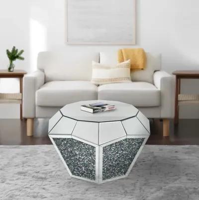 Mirror Octagonal Shape Coffee Table with Faux Diamond Inlays, Silver-Benzara