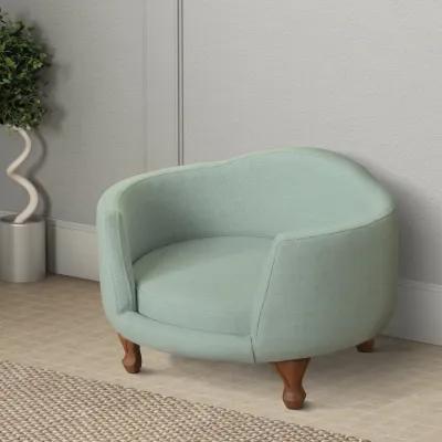 Curved Design Wooden Pet Love Seat With Fabric Upholstery, Light Blue and Brown - Benzara