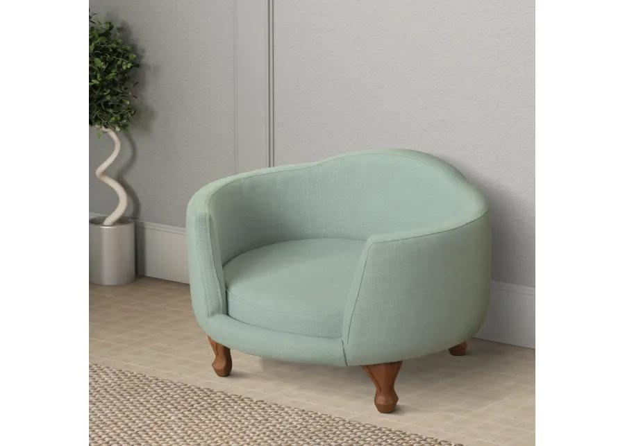 Curved Design Wooden Pet Love Seat With Fabric Upholstery, Light Blue and Brown - Benzara