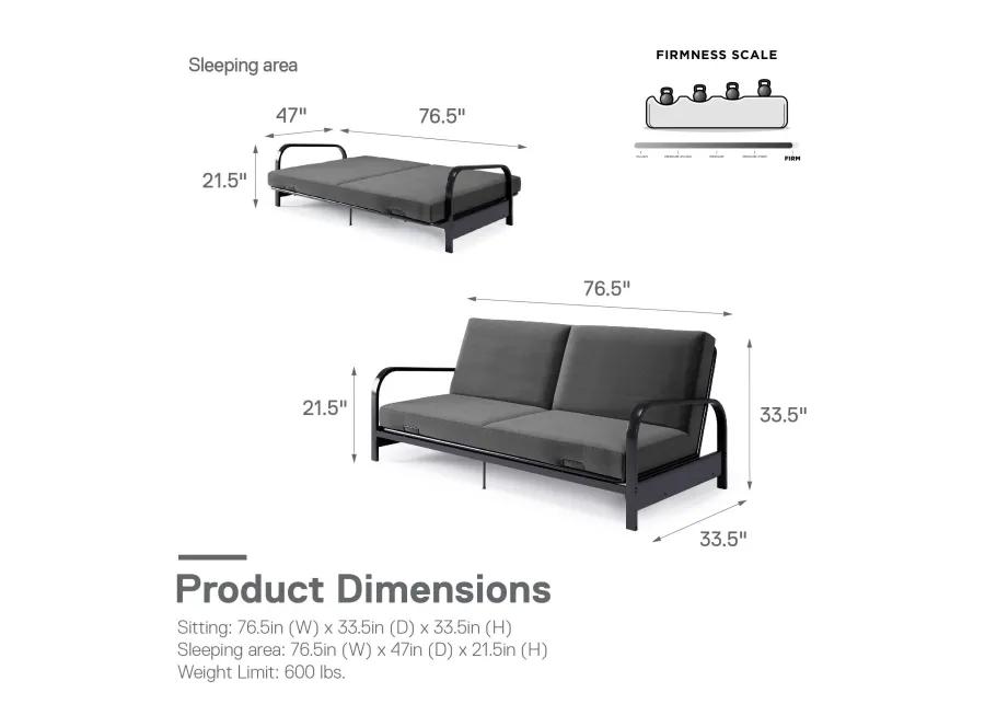 RealRooms Millie Convertible Metal Frame Futon Sofa with Coil Mattress with Multiple Positions for Seating and Sleeping, Gray