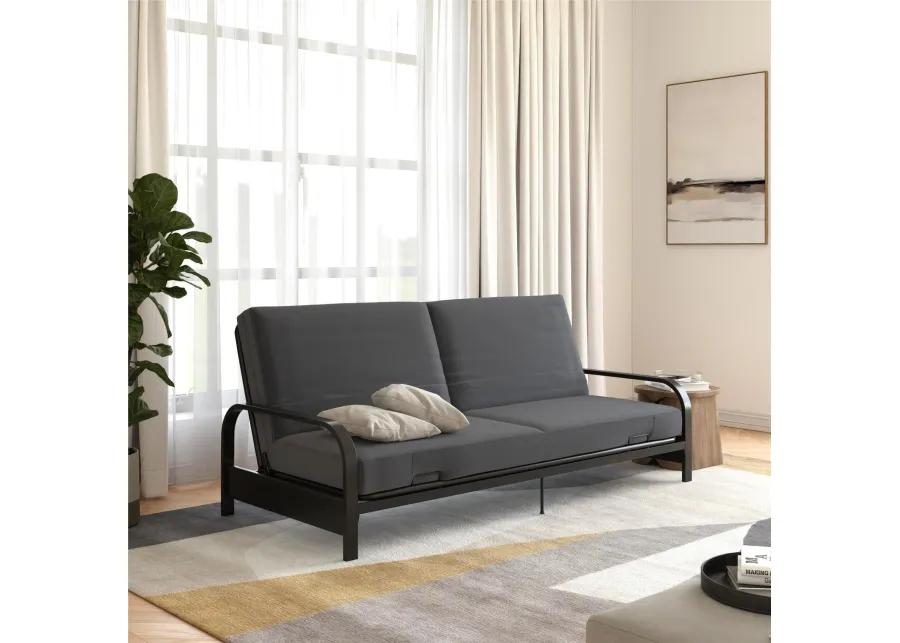 RealRooms Millie Convertible Metal Frame Futon Sofa with Coil Mattress with Multiple Positions for Seating and Sleeping, Gray