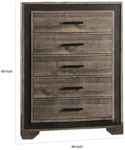 Nny 45 Inch Tall Dresser Chest with 5 Drawers, Black Handles, Brown Wood - Benzara