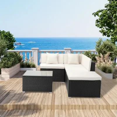 MONDAWE 5-Piece Outdoor Patio L-Shaped Sectional Sofa Set with Black Rattan Wicker & Beige Cushion