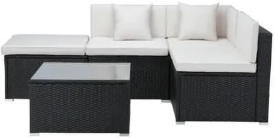 MONDAWE 5-Piece Outdoor Patio L-Shaped Sectional Sofa Set with Black Rattan Wicker & Beige Cushion