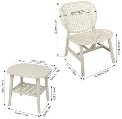 3 Pieces Hollow Design Patio Table Chair Set All Weather Conversation Bistro Set Outdoor Coffee Table with Open Shelf and Lounge Chairs with Widened Seat for Balcony Garden Yard