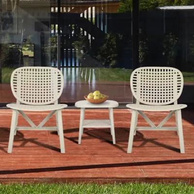 3 Pieces Hollow Design Patio Table Chair Set All Weather Conversation Bistro Set Outdoor Coffee Table with Open Shelf and Lounge Chairs with Widened Seat for Balcony Garden Yard