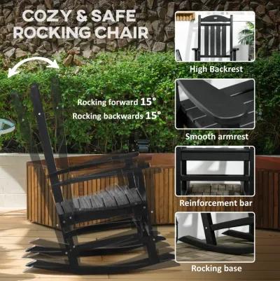 Black Outdoor Rocker: Wooden Chair with Rustic High Back & Armrests