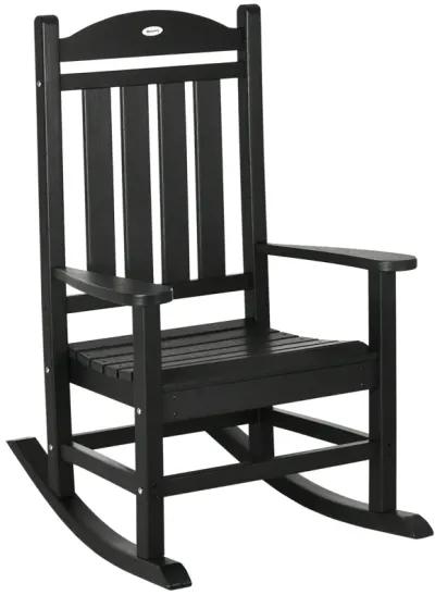 Black Outdoor Rocker: Wooden Chair with Rustic High Back & Armrests