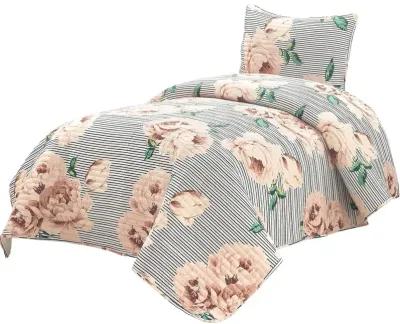 Hivvago Twin/Twin XL Size Polyester Black White Striped Rose Floral 2 Piece Quilt Set