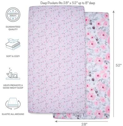 Bedtime Originals Floral Pink/Gray 2-Pack Fitted Crib/Toddler Sheet Set- Flower