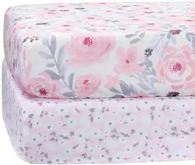 Bedtime Originals Floral Pink/Gray 2-Pack Fitted Crib/Toddler Sheet Set- Flower