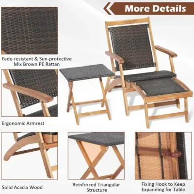 Hivvago 2 Pieces Patio Rattan Folding Lounge Chair with Acacia Wood Table