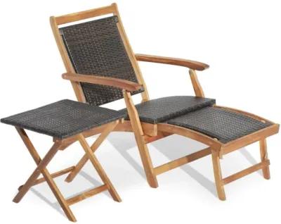 Hivvago 2 Pieces Patio Rattan Folding Lounge Chair with Acacia Wood Table