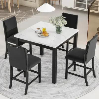 5 Piece Velvet Chair Dining Set with Faux Marble Table, Black