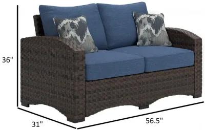 Zivi 57 Inch Outdoor Loveseat, Cushioned Seat, Resin Wicker, Blue, Brown - Benzara