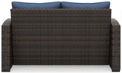 Zivi 57 Inch Outdoor Loveseat, Cushioned Seat, Resin Wicker, Blue, Brown - Benzara