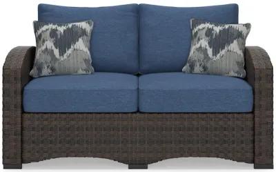 Zivi 57 Inch Outdoor Loveseat, Cushioned Seat, Resin Wicker, Blue, Brown - Benzara