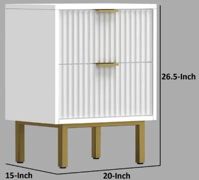 Beth 27 Inch 2 Drawer Nightstand, Corrugated, Mahogany Wood, White, Gold-Benzara