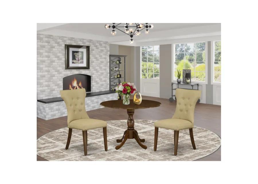 East West Furniture East West Furniture DMGA3-AWA-03 3 Piece Modern Dining Table Set Contains 1 Drop Leaves Dining Table and 2 Brown Linen Fabric Kitchen Chair Button Tufted Back with Nail Heads - Acacia Walnut Finish